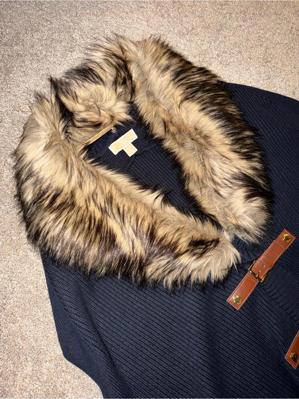 Michael Kors Black Cardigan with Faux Fur Collar and Leather Strap Details